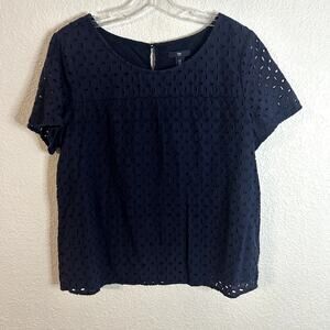 Gap Eyelet Short Sleeve Blouse Womens Size Medium Navy Lined Preppy